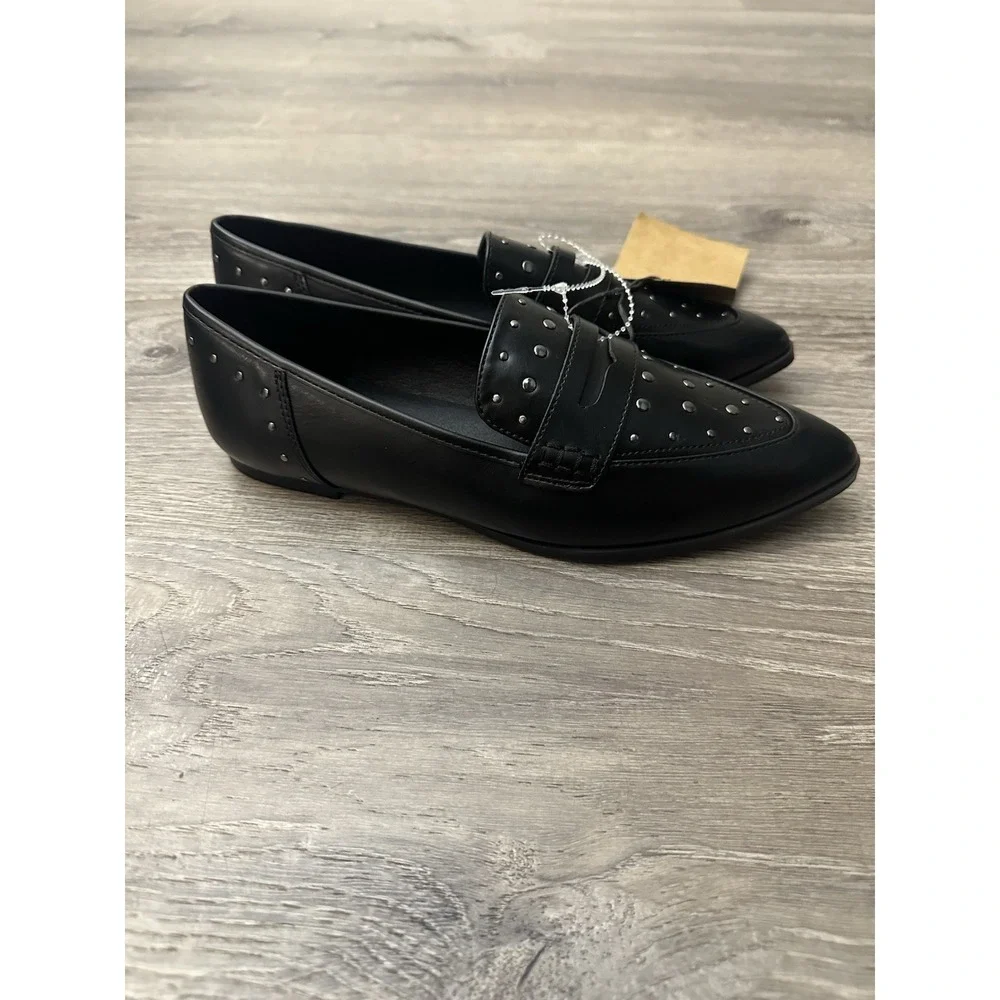 New Frye & Co Elara Black Faux Leather Studded Penny Loafers Flats 7.5 M
